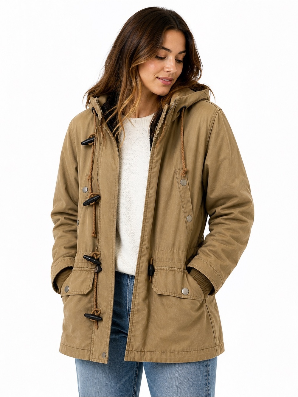 Obey Hooded Parka Jacket Small Tan Utility Coat Removable Liner Toggle